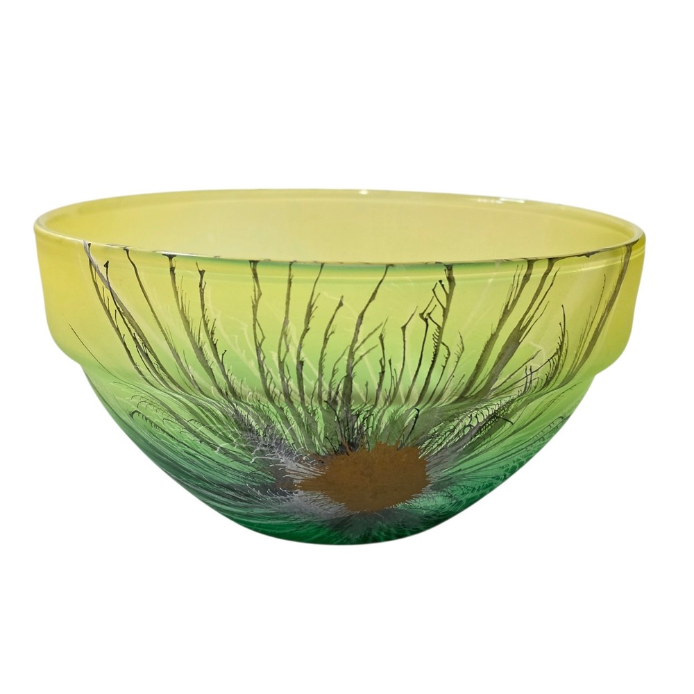 Vtg Herner Germany Art Glass Green Hand Painted Bowl Botanical Floral Satin